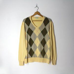 J. McLaughlin men's sweater Sz L yellow gray brown Argyle pullover V-neck
